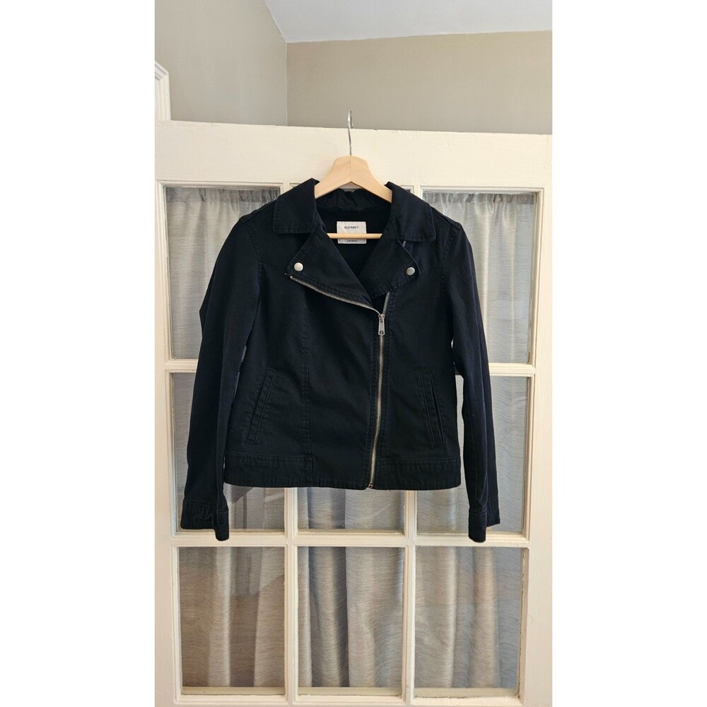Old Navy Womens Small Black Canvas Cotton Twill Moto Jacket Asymmetrical Zip Bik